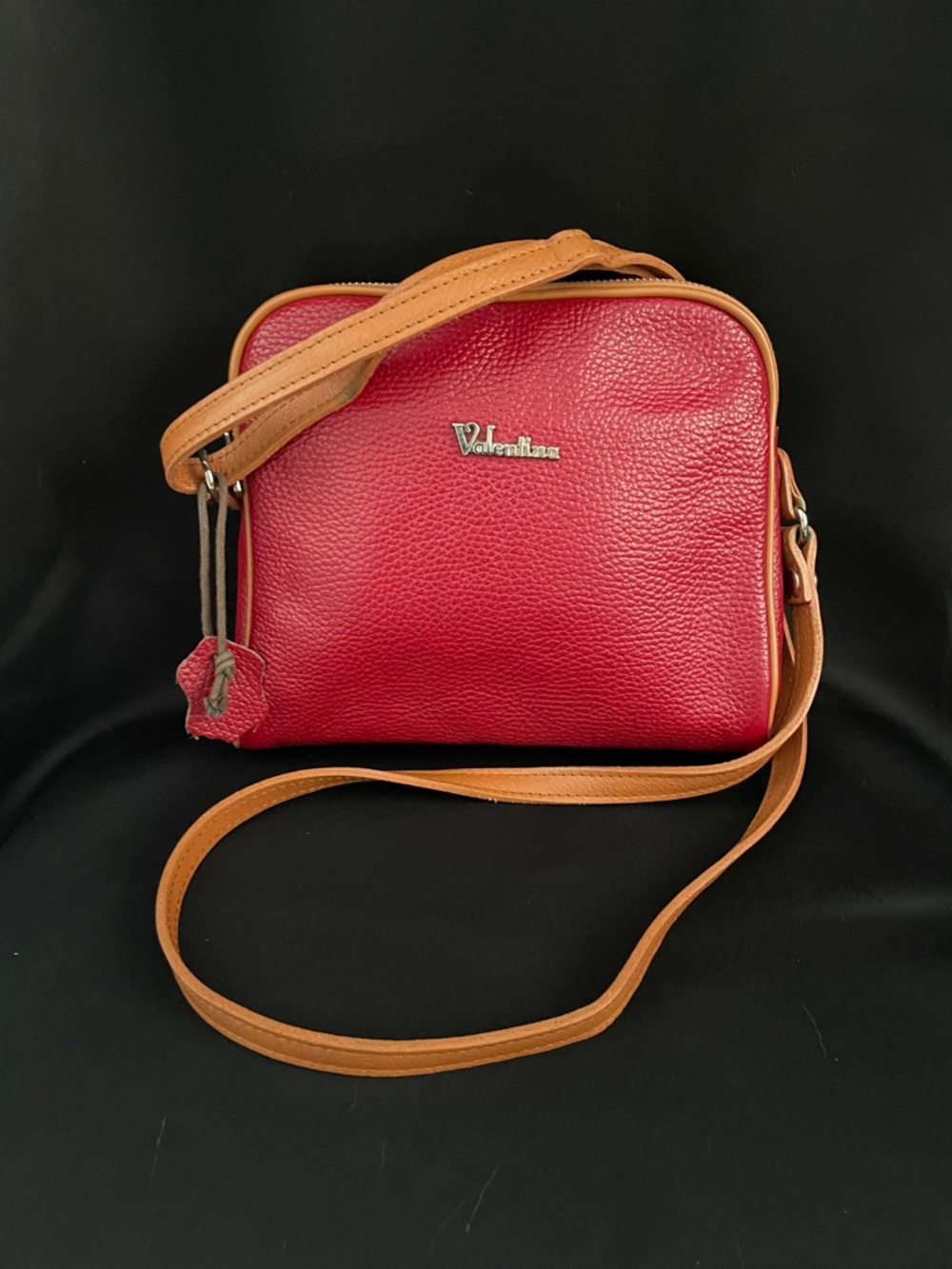 Valentina Italian Pebbled Red Leather Crossbody Bag with Tan Strap CLEAN